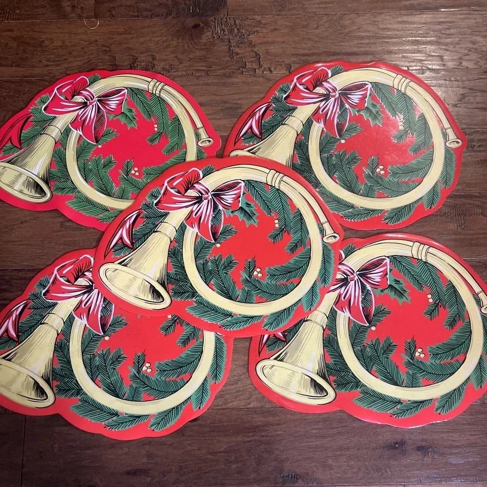Vintage Christmas Placemats Town & Country Vinyl French Horn —Set Of 5